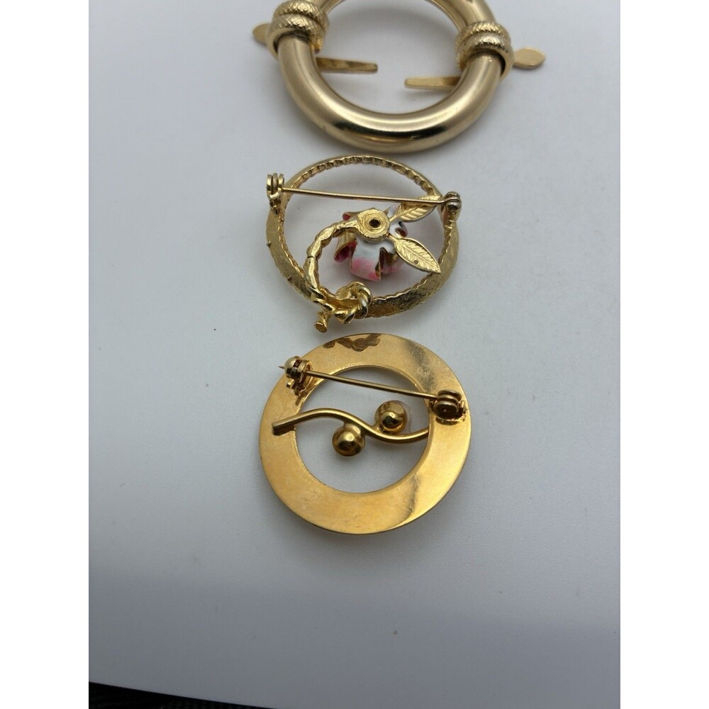 5 Brooch Lot Gold Tone Round Vintage Unsigned Snake Flower Pearl Leaf Wreath - Picture 11 of 14